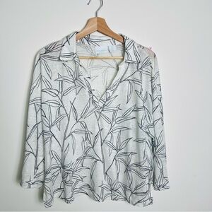 Cynthia Rowley 100% Linen Top Large Collard V-Neck Leaf Print Lightweight Blouse